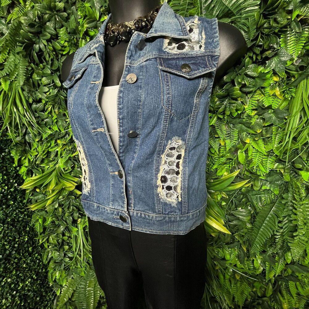 Women Vest Denim 1XL Blue Sequins Accent Polka Dots Waist Coat‎ BUZZ 1618 - Picture 5 of 7
